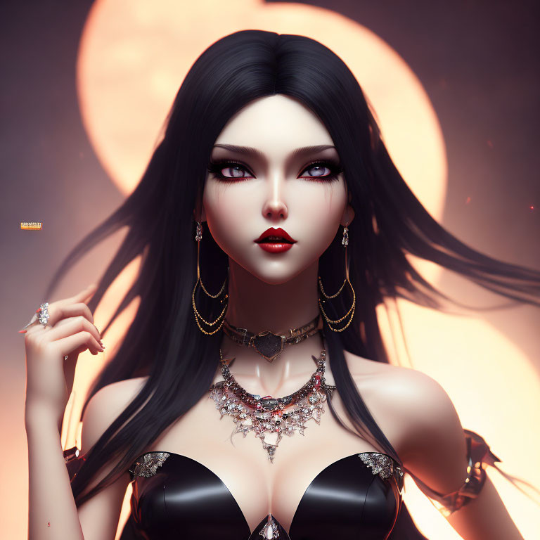 Digital artwork featuring pale-skinned female with black hair and red lips in black attire against moonlit backdrop