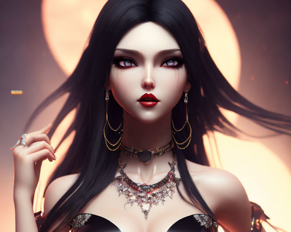 Digital artwork featuring pale-skinned female with black hair and red lips in black attire against moonlit backdrop