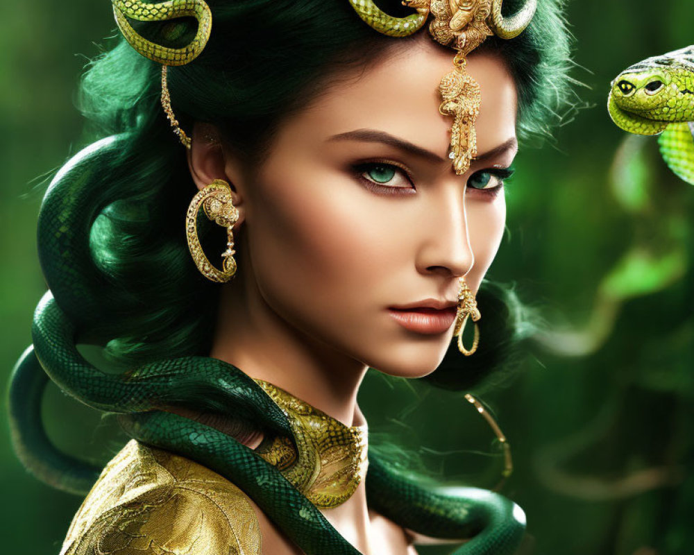 Woman with Green Hair and Snake Headdress in Lush Green Setting