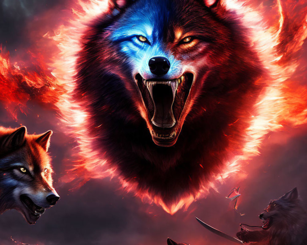 Dynamic Digital Art: Blue-Eyed Wolf Snarling Amid Fiery Red Backdrop