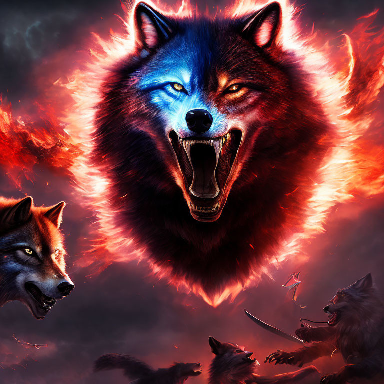 Dynamic Digital Art: Blue-Eyed Wolf Snarling Amid Fiery Red Backdrop