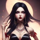 Digital artwork featuring pale-skinned female with black hair and red lips in black attire against moonlit backdrop