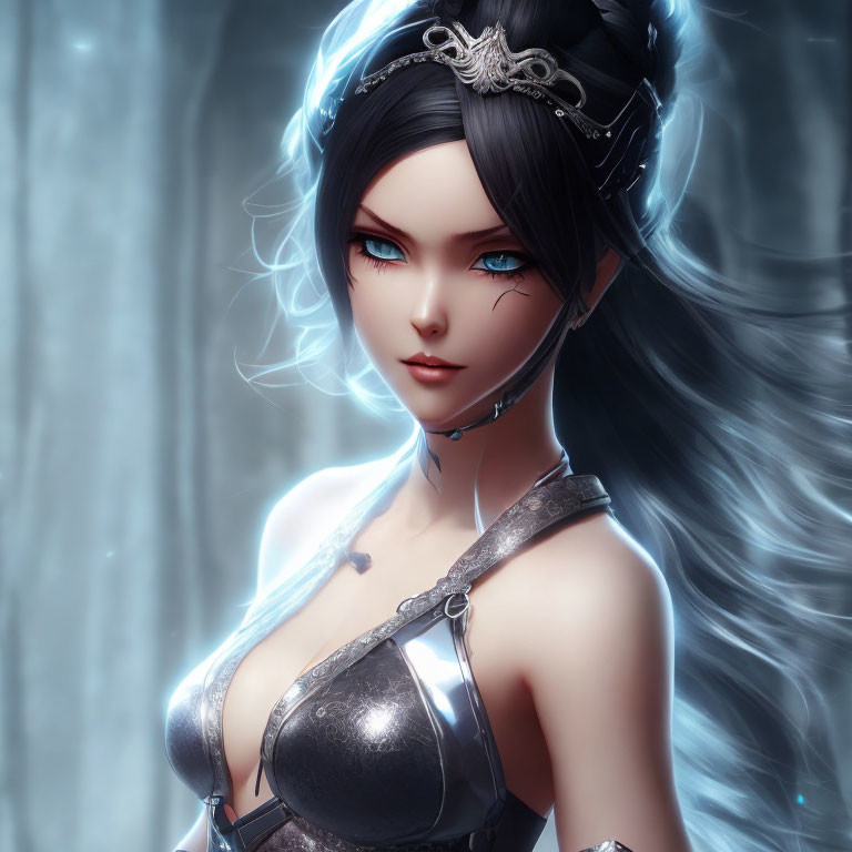 Animated female character with pale skin, blue eyes, and long blue wavy hair wearing a silver crown