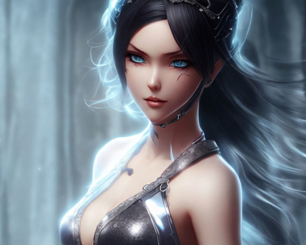 Animated female character with pale skin, blue eyes, and long blue wavy hair wearing a silver crown