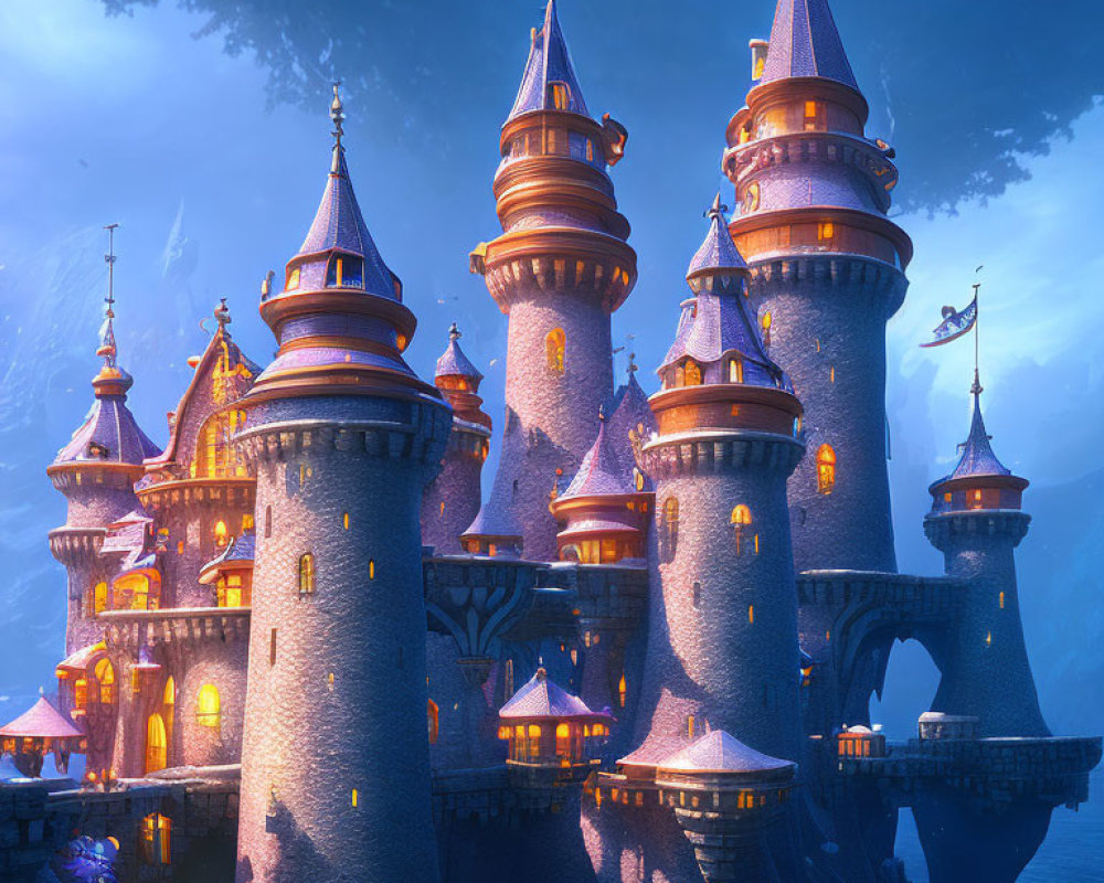 Fairytale castle with spires and towers in warm twilight glow