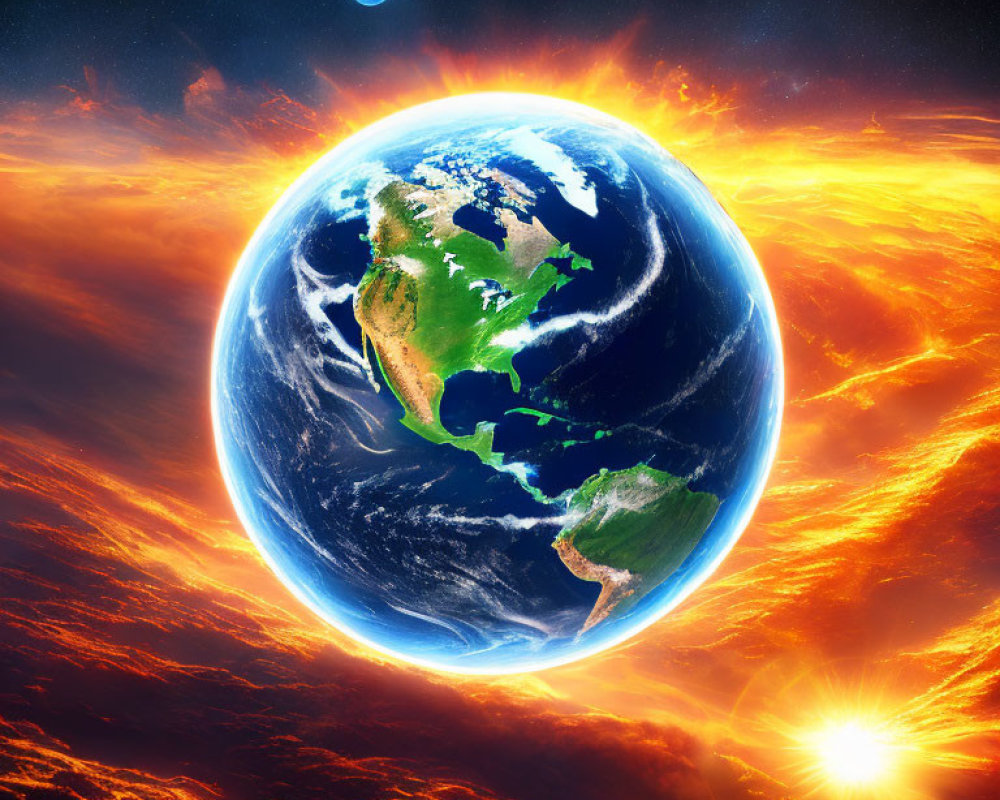 Vibrant digital artwork: Earth with fiery energy, Moon against cosmic backdrop