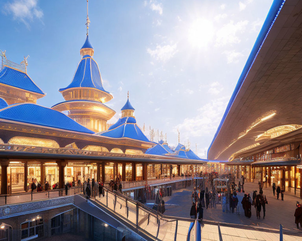 Busy train station with blue domed roofs and commuters under clear sky