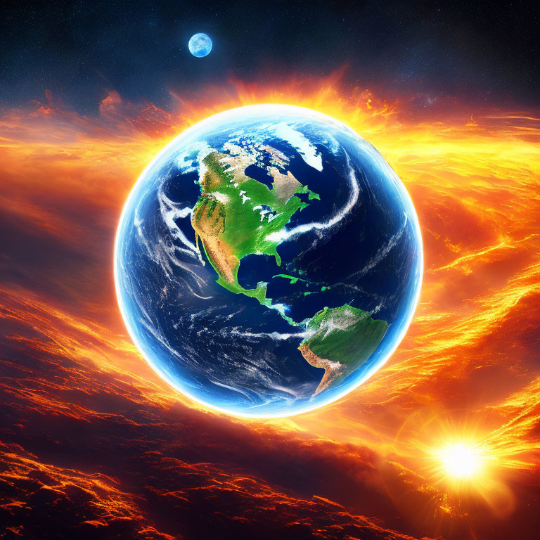 Vibrant digital artwork: Earth with fiery energy, Moon against cosmic backdrop