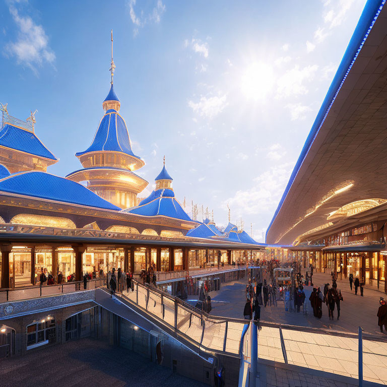 Busy train station with blue domed roofs and commuters under clear sky