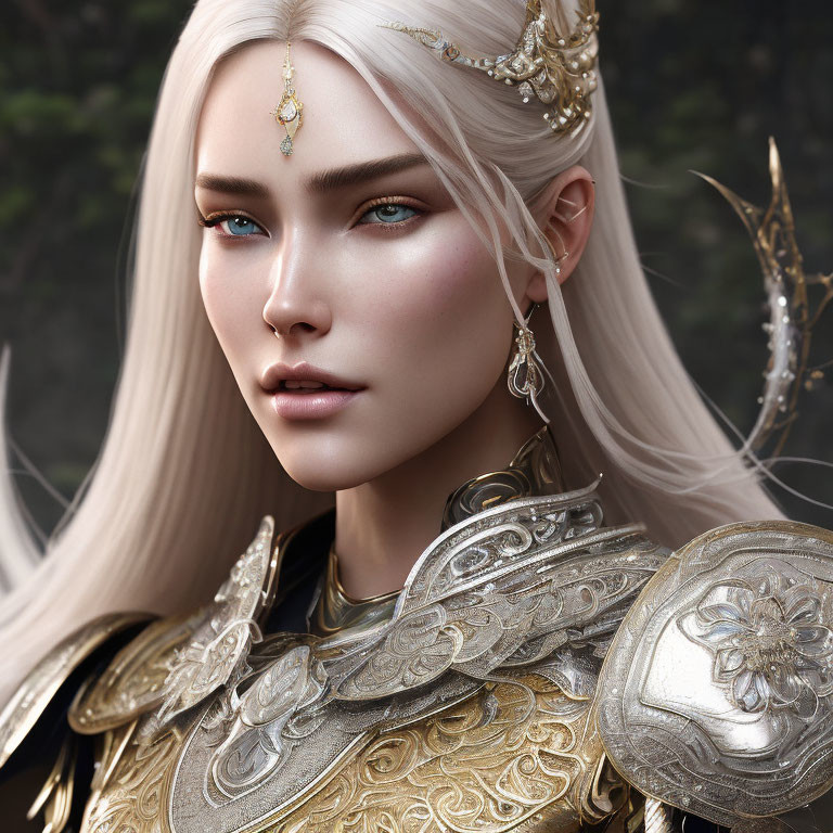 Ethereal woman with blue eyes and white hair in floral armor