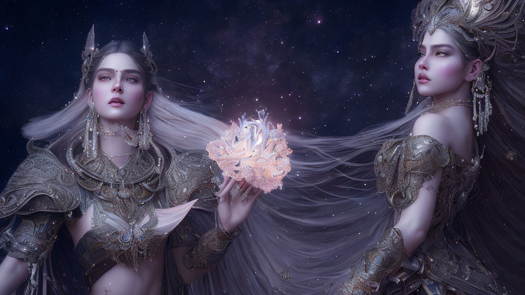 Ethereal female figures in gold armor with glowing object under starry sky