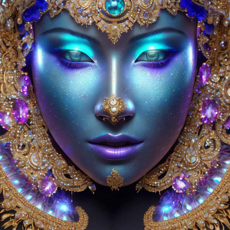 Blue-skinned woman with ornate golden headdress and purple gems.