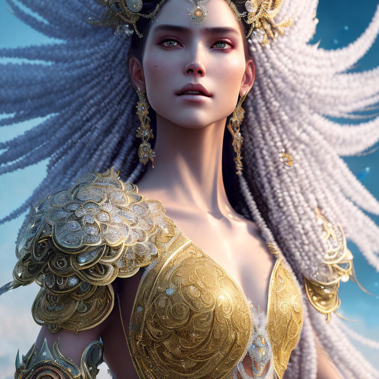 Ethereal woman in golden armor and feathered headdress against blue sky