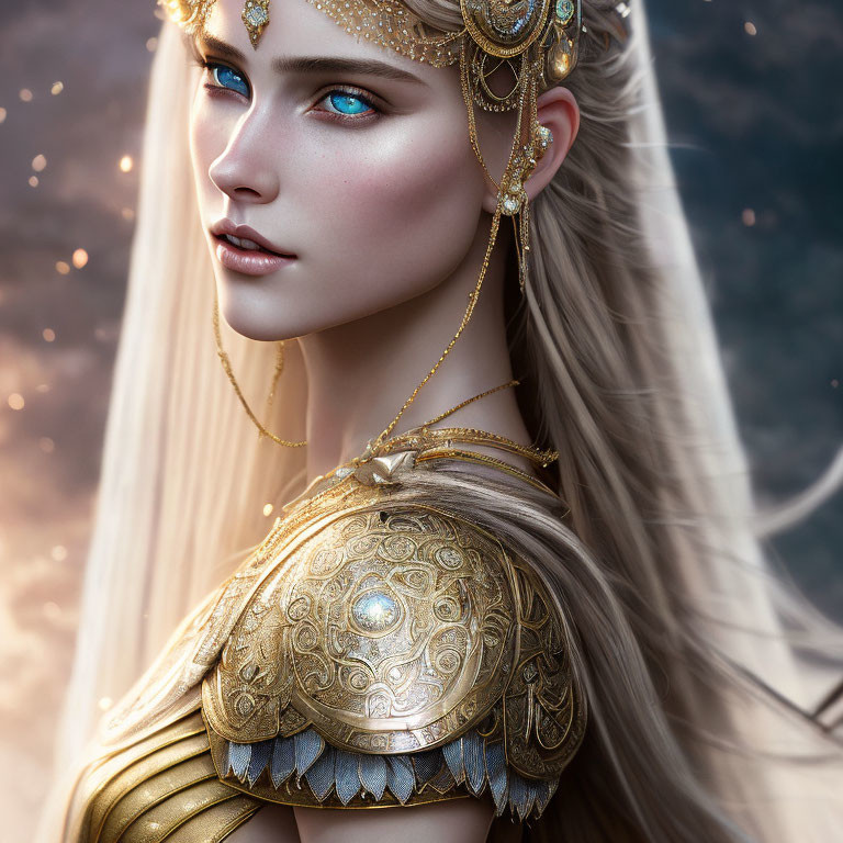 Fantasy female character digital portrait with blue eyes and ornate armor