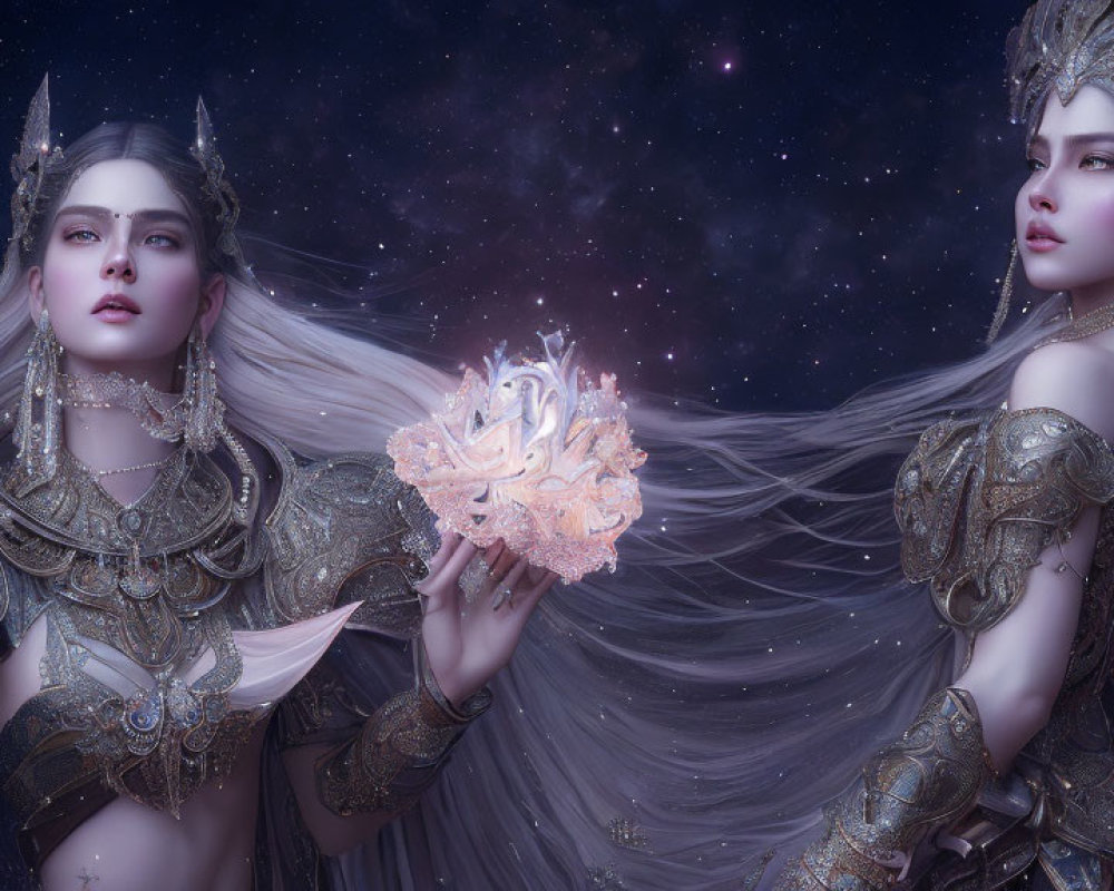 Ethereal female figures in gold armor with glowing object under starry sky