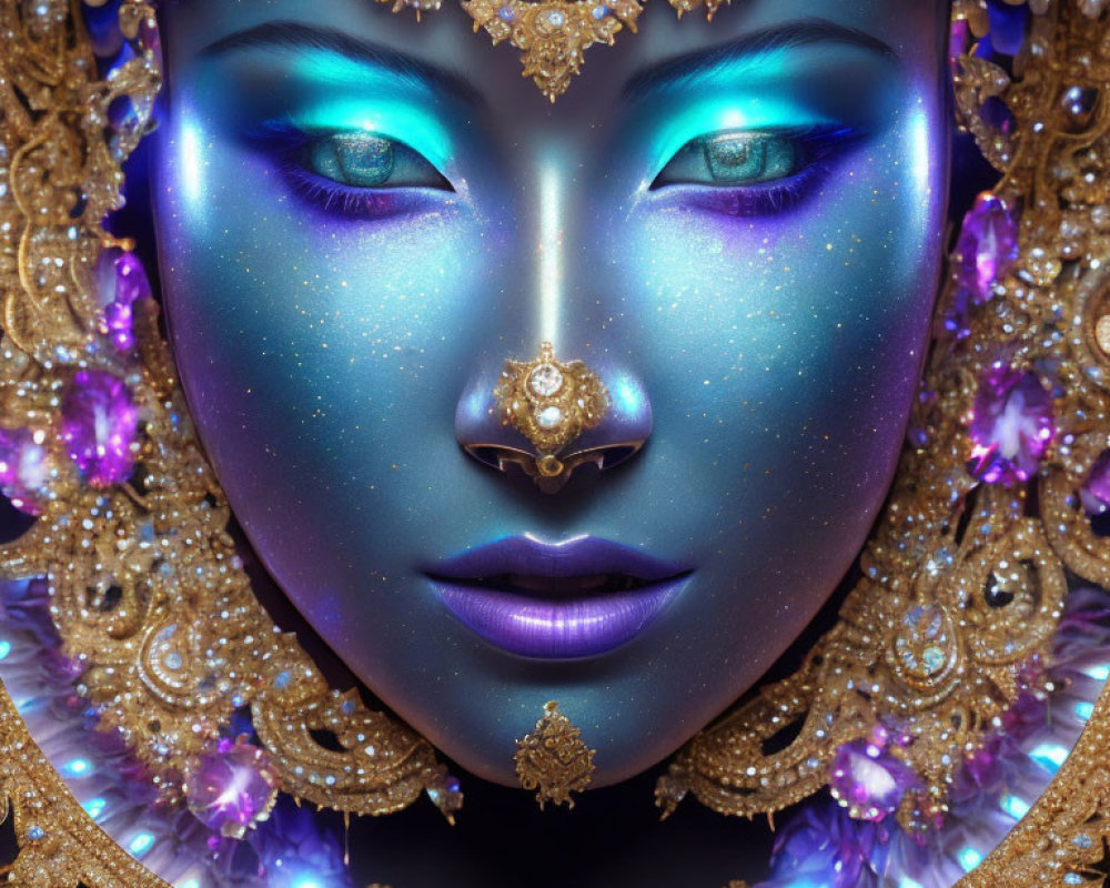 Blue-skinned woman with ornate golden headdress and purple gems.