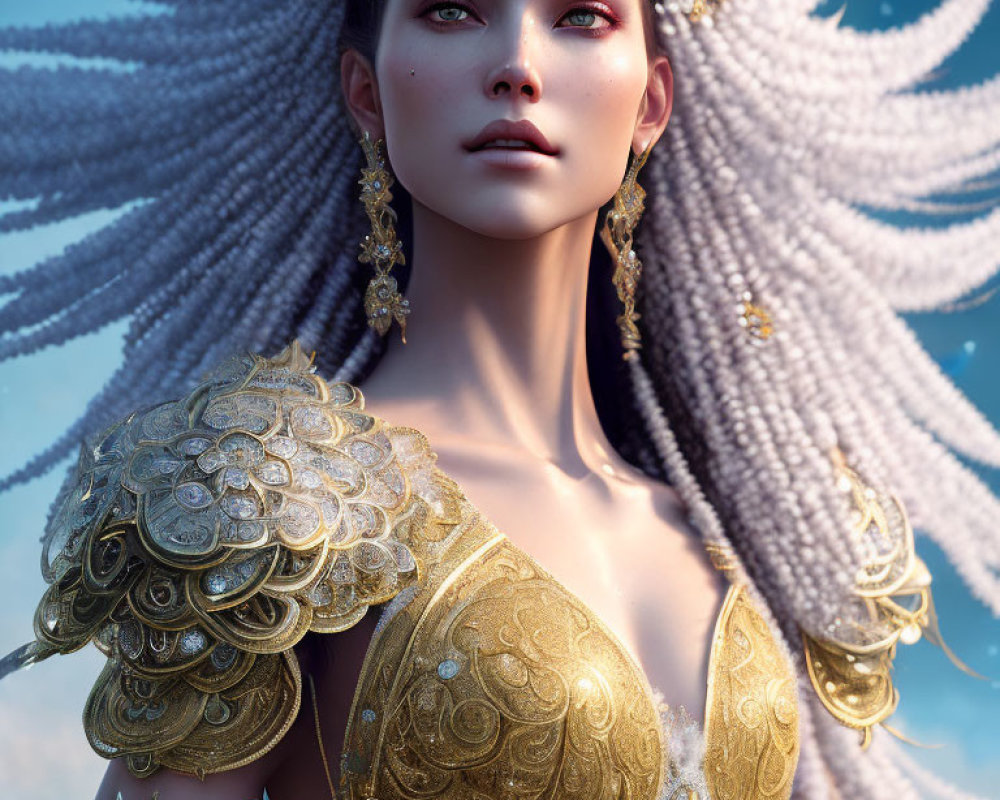 Ethereal woman in golden armor and feathered headdress against blue sky