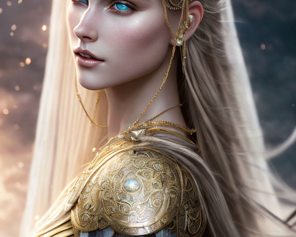 Fantasy female character digital portrait with blue eyes and ornate armor