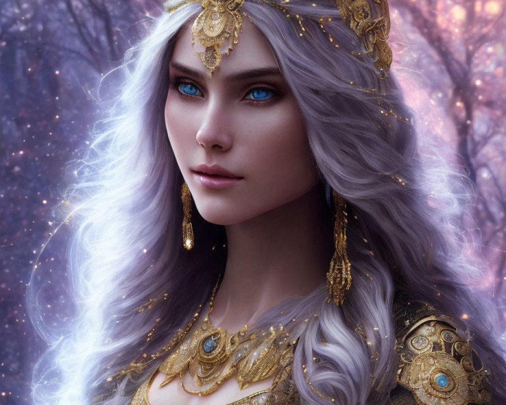 Fantasy character with blue eyes, silver hair, gold jewelry, and tiara in mystical purple forest