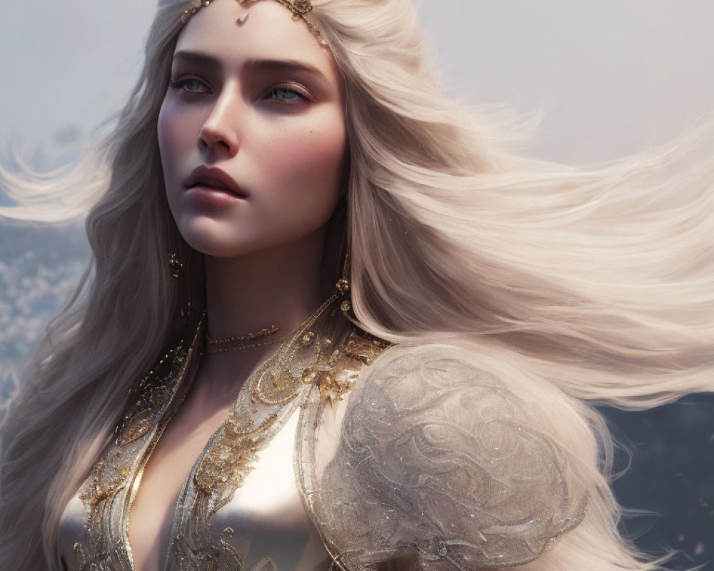 Ethereal figure in golden armor with white hair