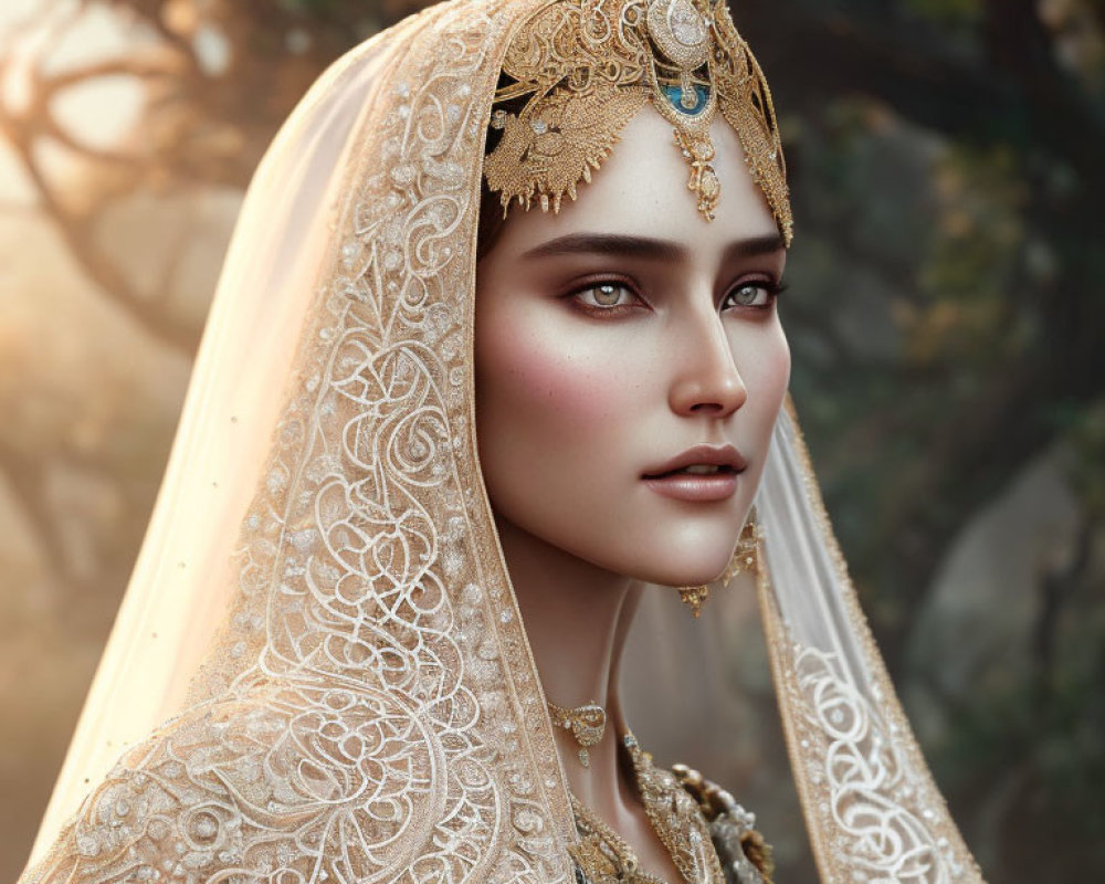 Intricate golden headpiece and veil on woman against soft background