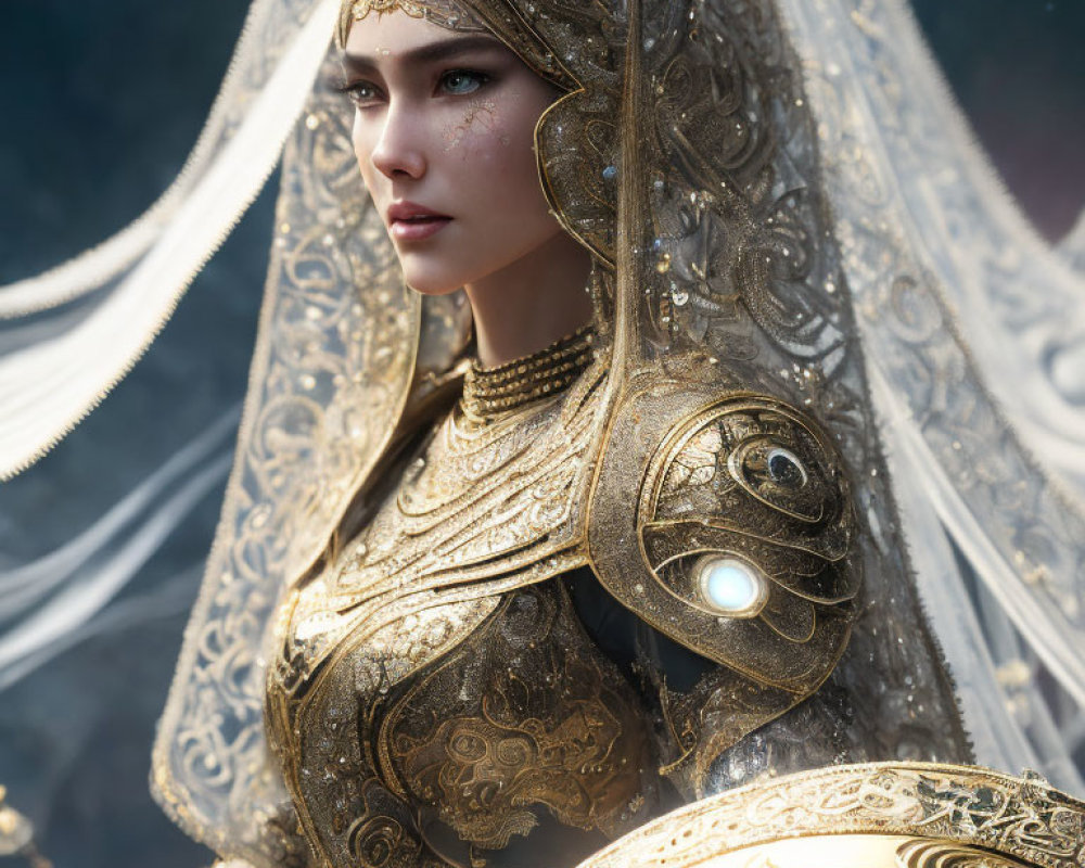 Woman in ornate golden armor and headdress with gem accents exudes regal presence