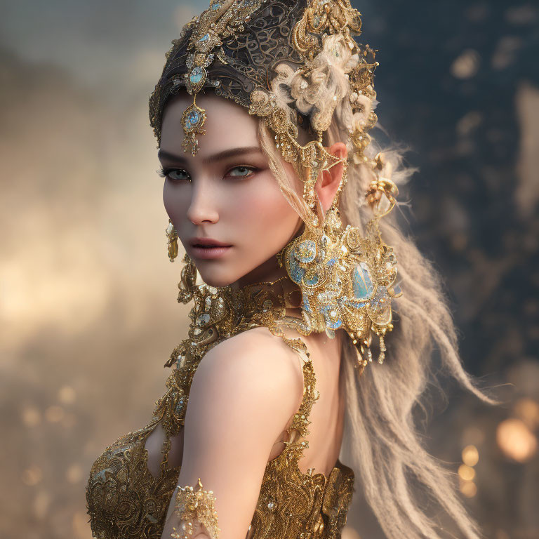 Digital artwork: Woman with elaborate gold headgear on mystical golden background