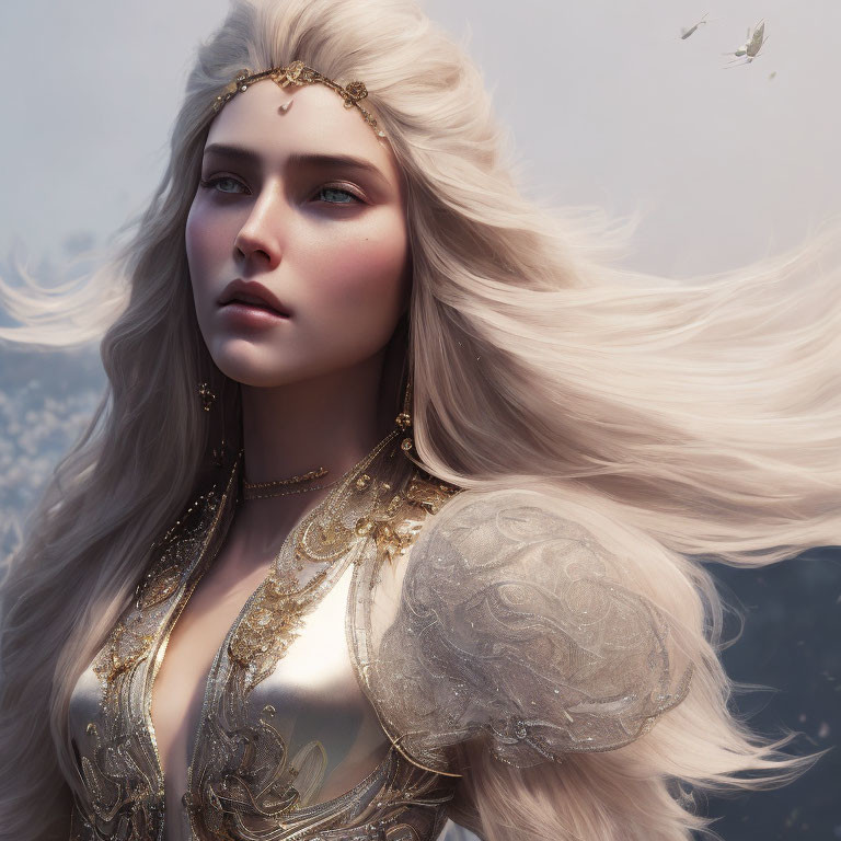 Ethereal figure in golden armor with white hair