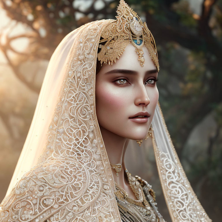 Intricate golden headpiece and veil on woman against soft background