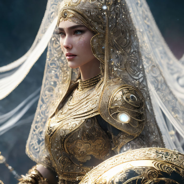 Woman in ornate golden armor and headdress with gem accents exudes regal presence