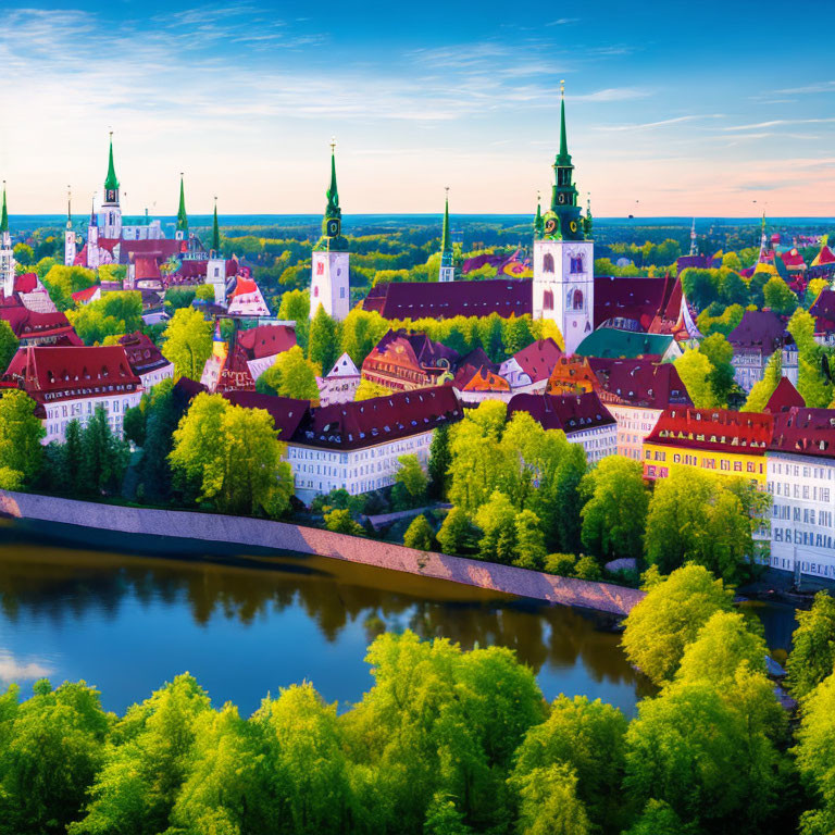 Vibrant town with colorful buildings, green spires, and river at sunset