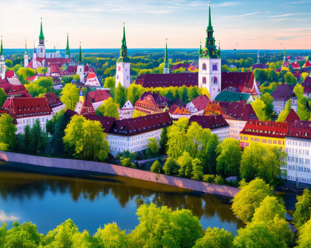 Vibrant town with colorful buildings, green spires, and river at sunset