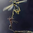 Stylized costumed figures in mid-air battle against stormy sky