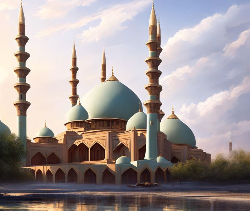 Ornate mosque with domes and minarets by water