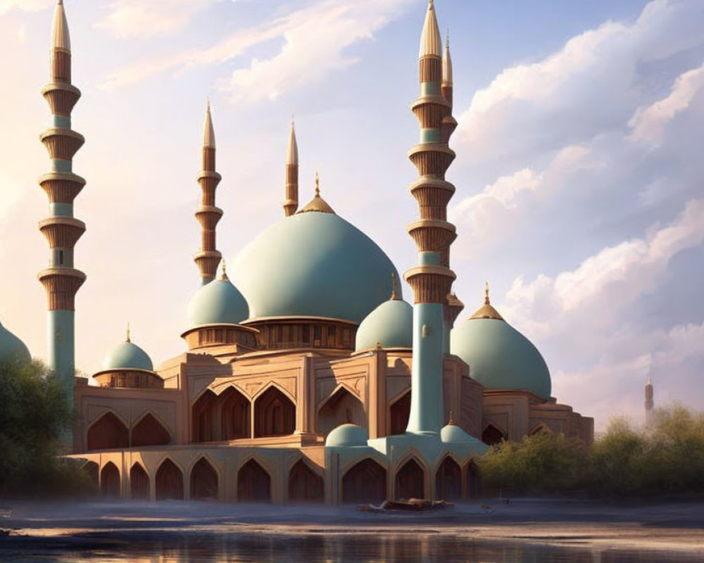 Ornate mosque with domes and minarets by water