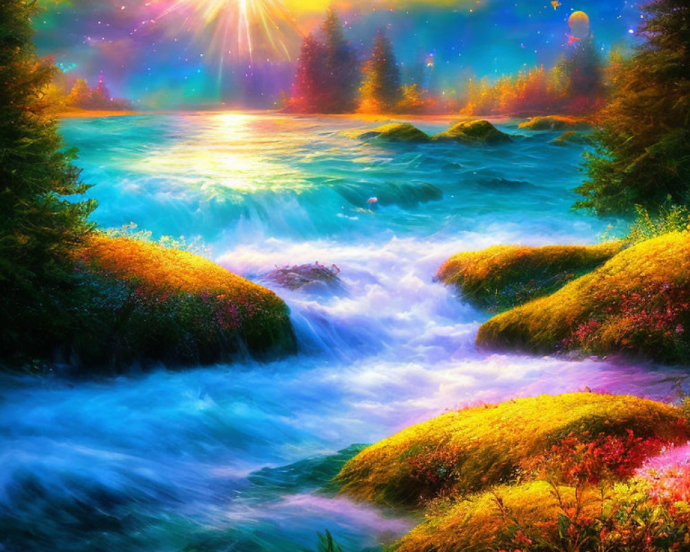 Colorful landscape with river, flowers, sun, balloons, starry sky