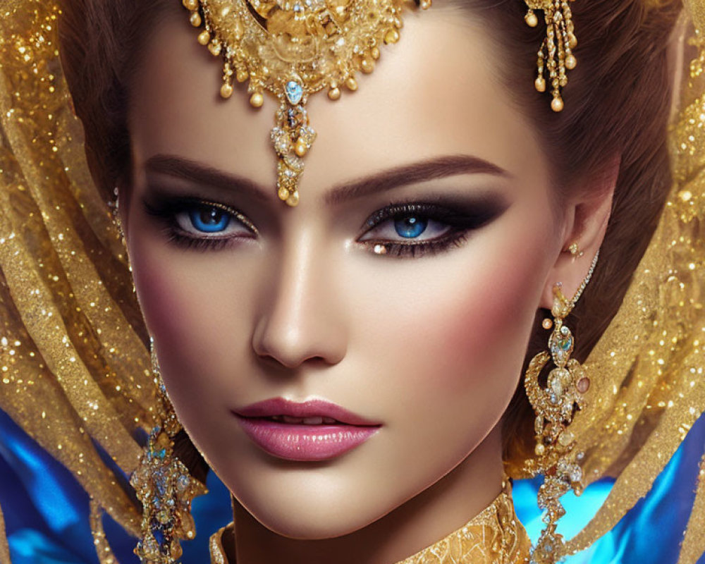 Portrait of Woman with Striking Blue Eyes and Gold Jewelry