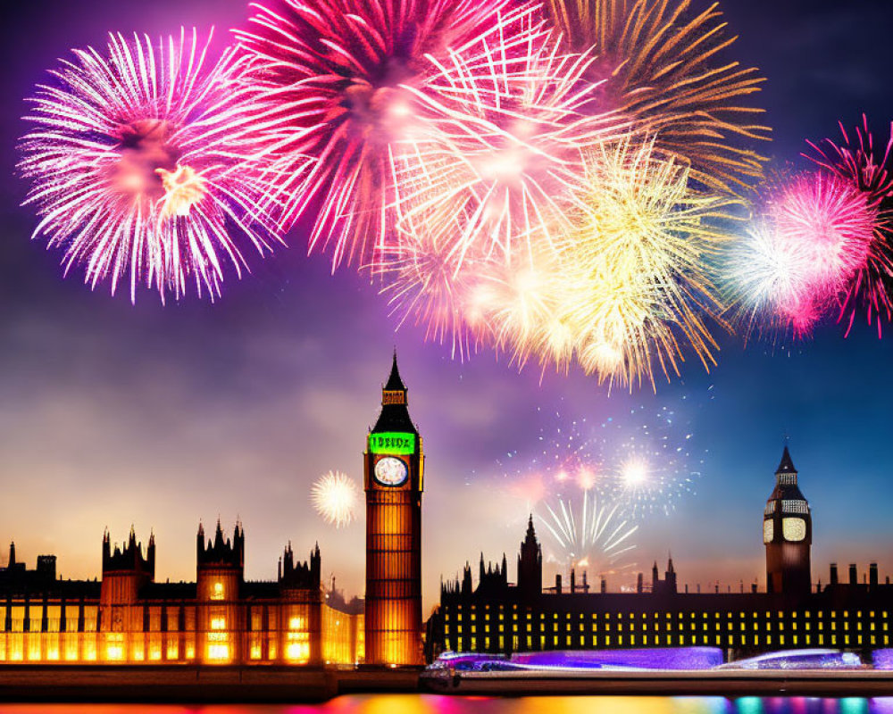 Vibrant fireworks above Big Ben and Houses of Parliament in London at twilight