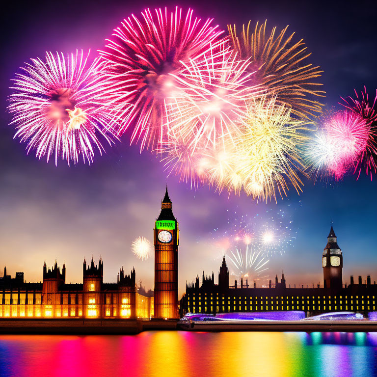 Vibrant fireworks above Big Ben and Houses of Parliament in London at twilight