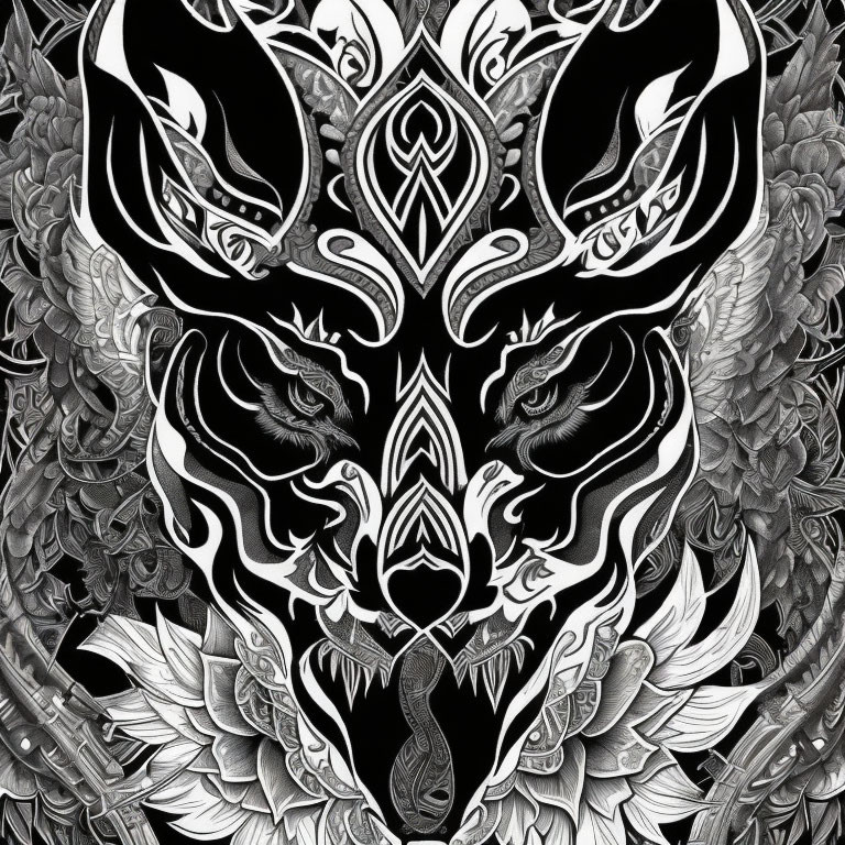 Symmetrical ornate wolf head with intricate floral patterns