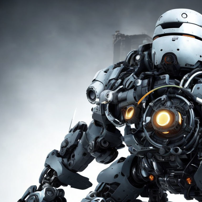 Detailed humanoid robot with glowing yellow eyes and intricate mechanical parts on misty background