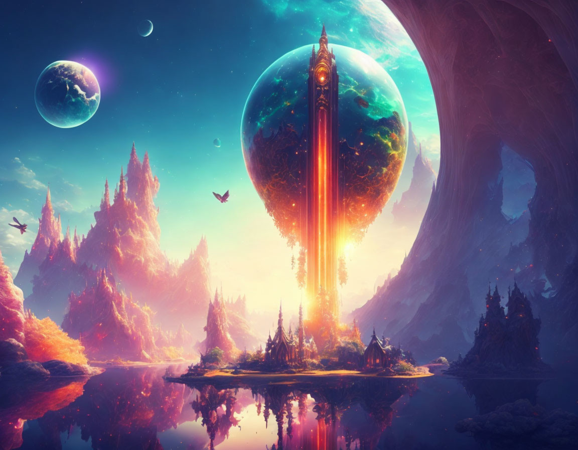 Colorful Forests and Towering Structure in Fantastical Landscape