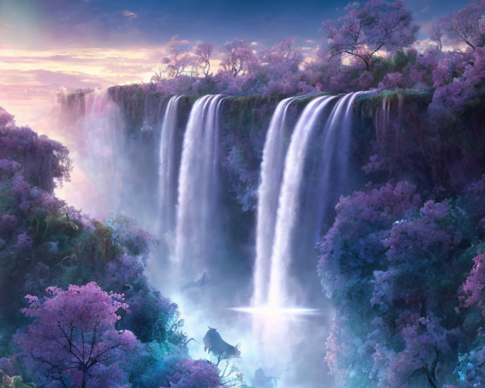 Mystical waterfall in purple foliage under pastel sunrise sky