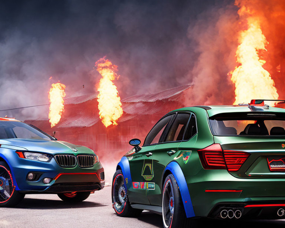 Custom-painted cars with aggressive body kits in dramatic flame-filled standoff