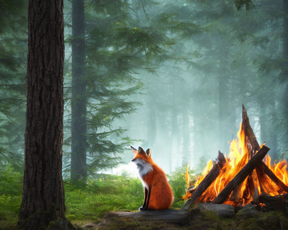 Red Fox by Campfire in Misty Forest with Sunlight Filtering Through Pine Trees