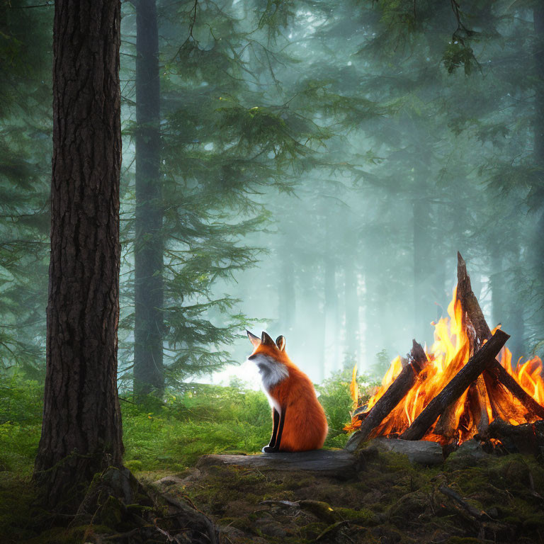 Red Fox by Campfire in Misty Forest with Sunlight Filtering Through Pine Trees