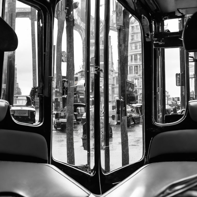 Monochrome cityscape through curved windshield on rainy day