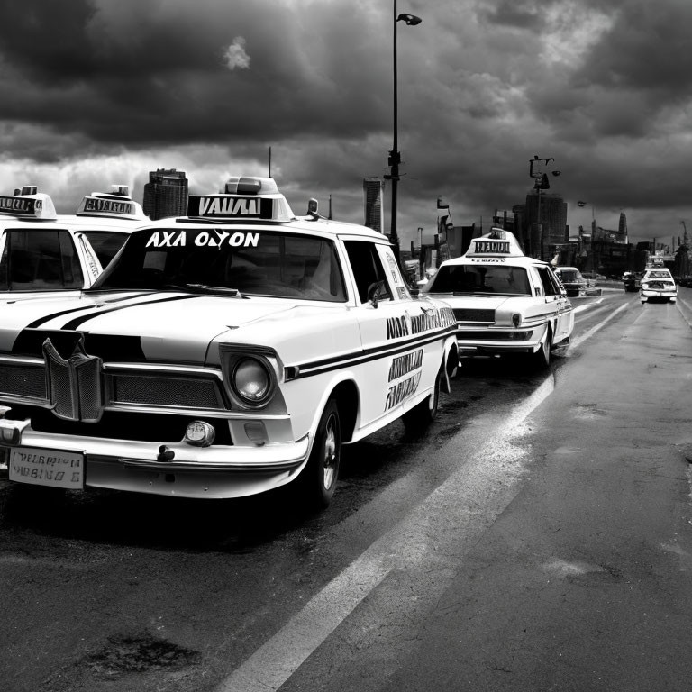 Vintage Taxis on Rainy Urban Street with Stormy Sky