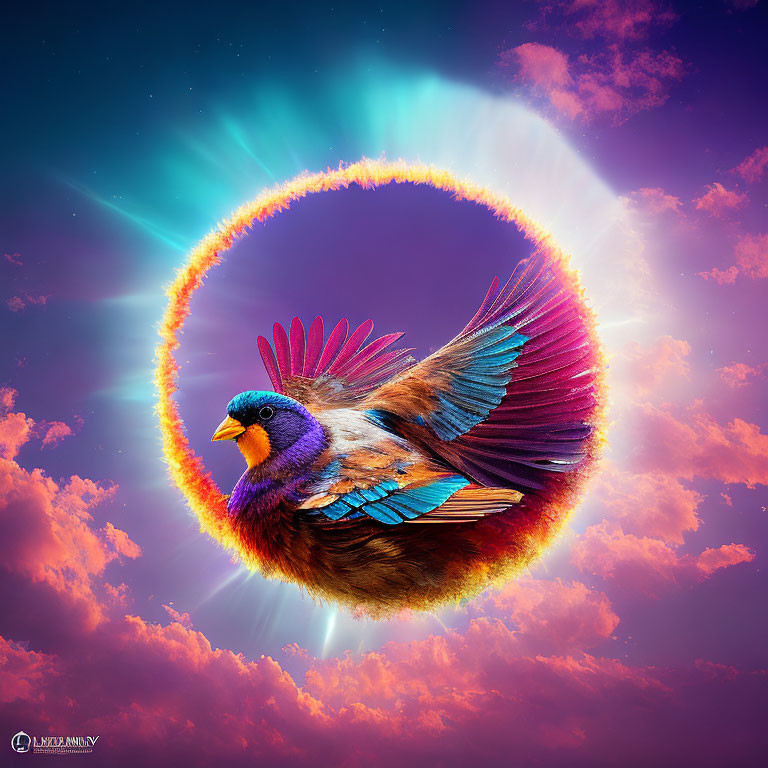 Colorful Bird with Outstretched Wings in Fiery Ring on Dreamy Sky