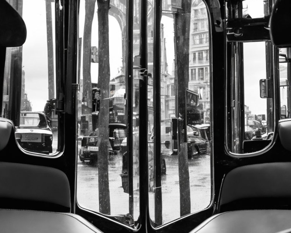 Monochrome cityscape through curved windshield on rainy day